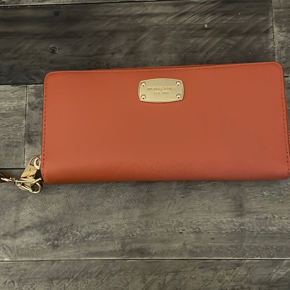 Used Michael Kors Orange Zip Around Travel Continental Leather Wristlet Wallet